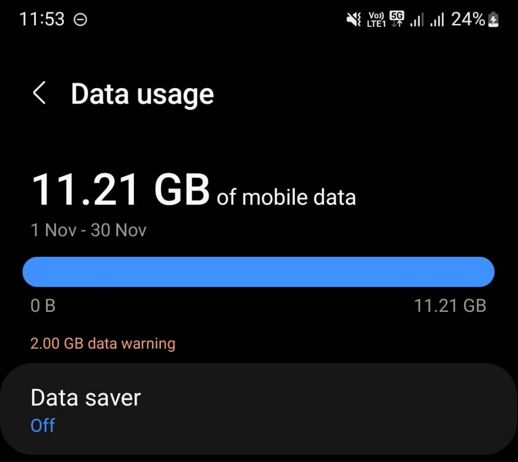 Checking monthly data usage on an Android smartphone.