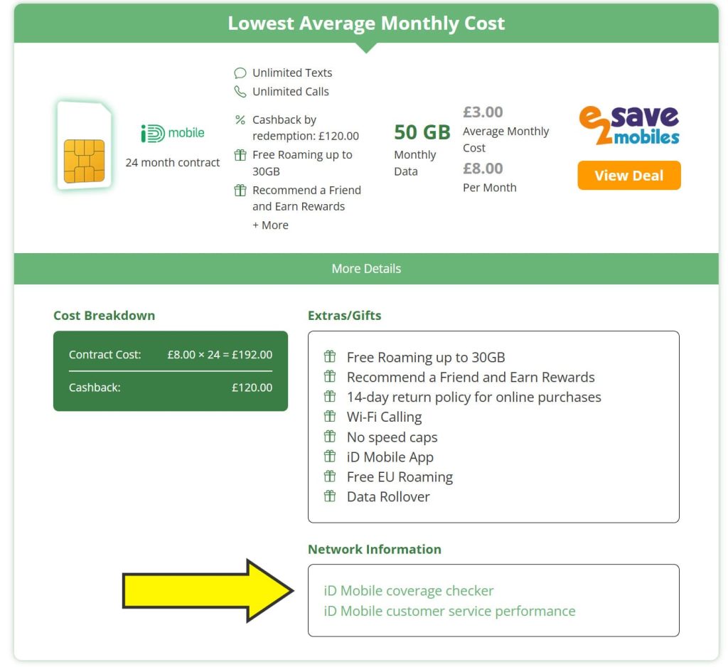 Screenshot showing how to access the coverage map of a mobile network on our website.