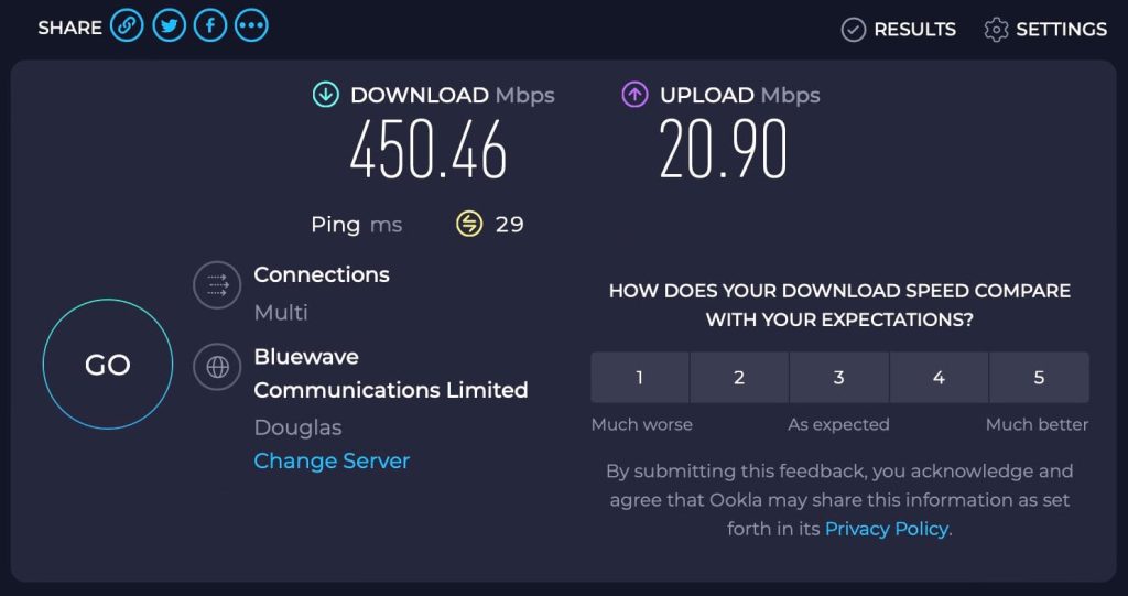 EE 5G home broadband Ethernet speed test.