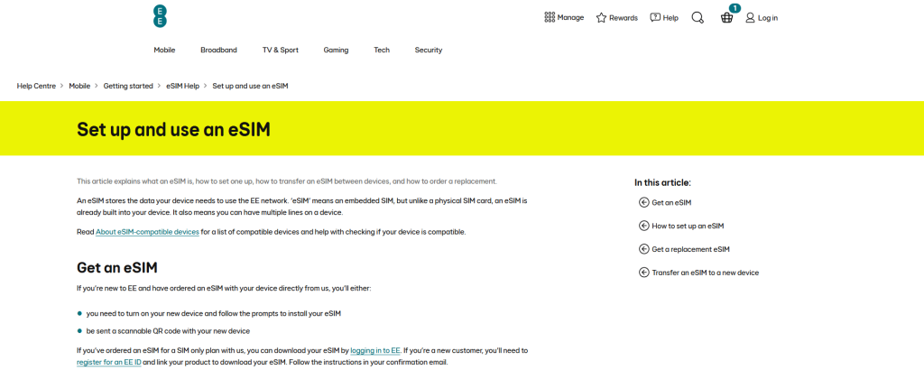 EE eSIM website screenshot.