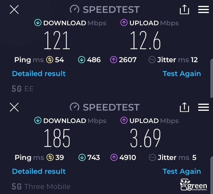 EE vs Three 5G speed test.