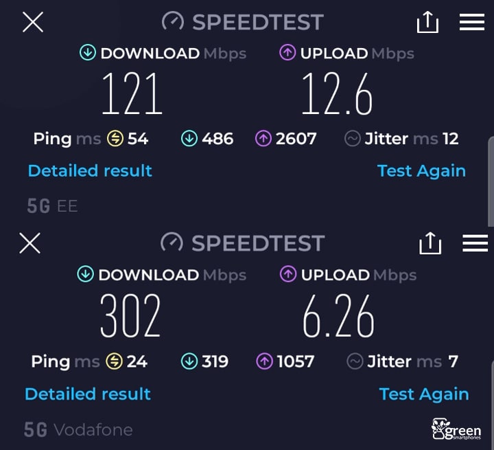 EE vs Vodafone 5G speed test.