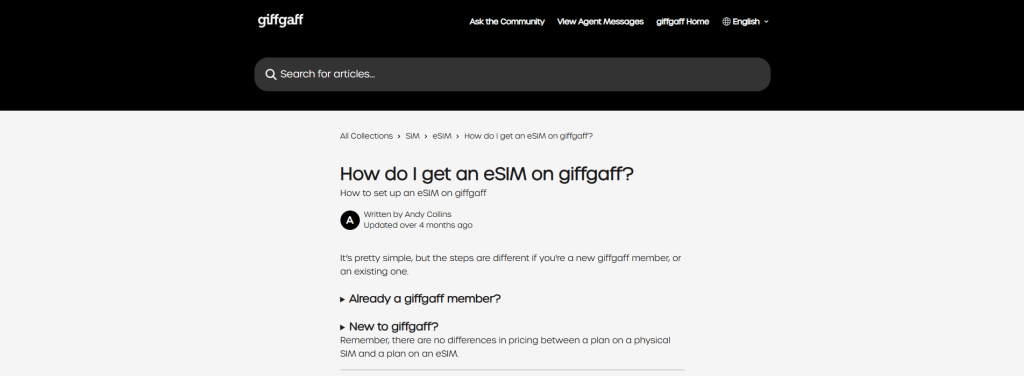 giffgaff eSIM website.