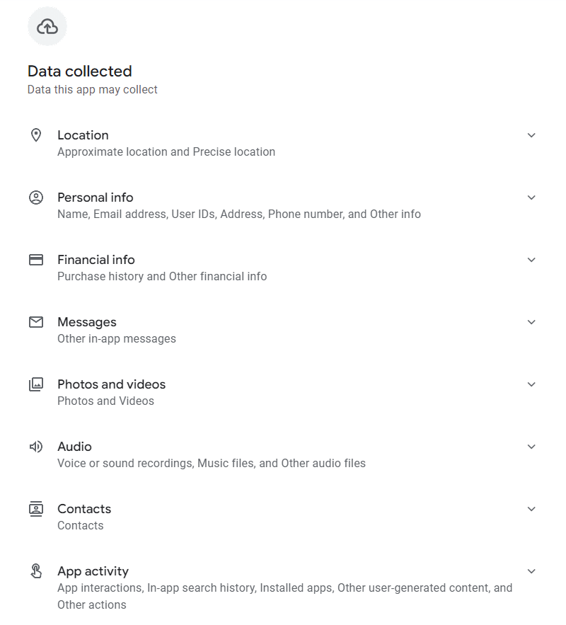 Google Play Store app data access disclaimer.