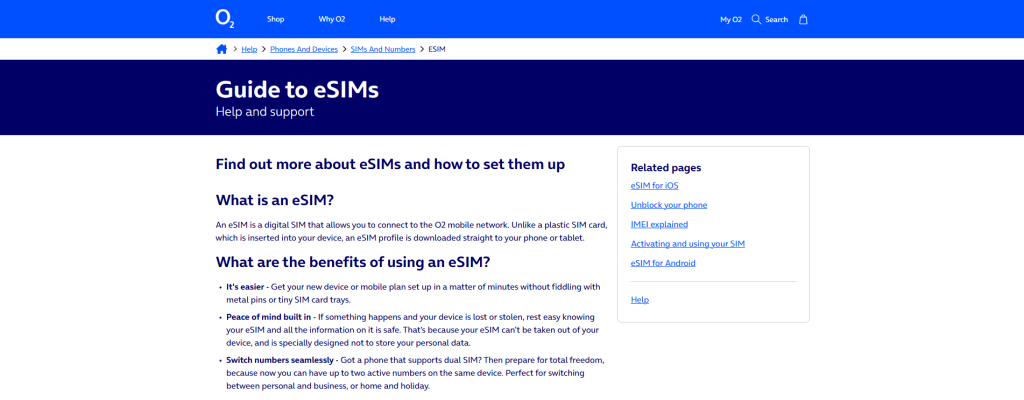 O2 eSIM website.