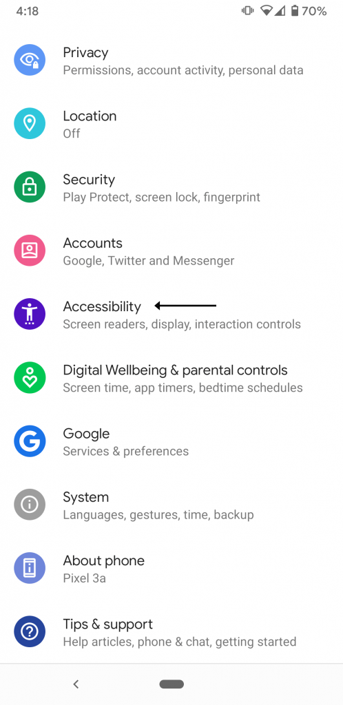 Accessibility in the settings menu.