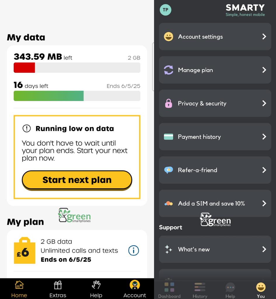 Smarty and giffgaff mobile apps.