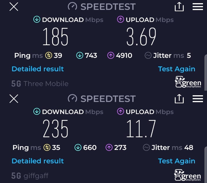 Smarty vs giffgaff 5G speeds.