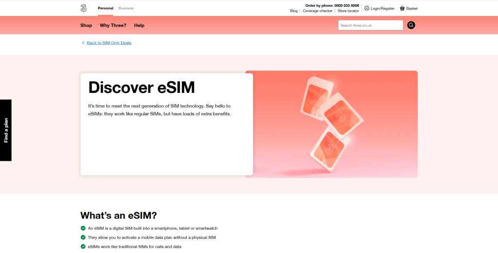 Three eSIM website screenshot.