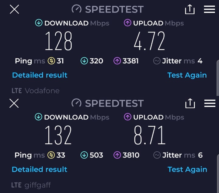 VOXI vs giffgaff 4G speed test.