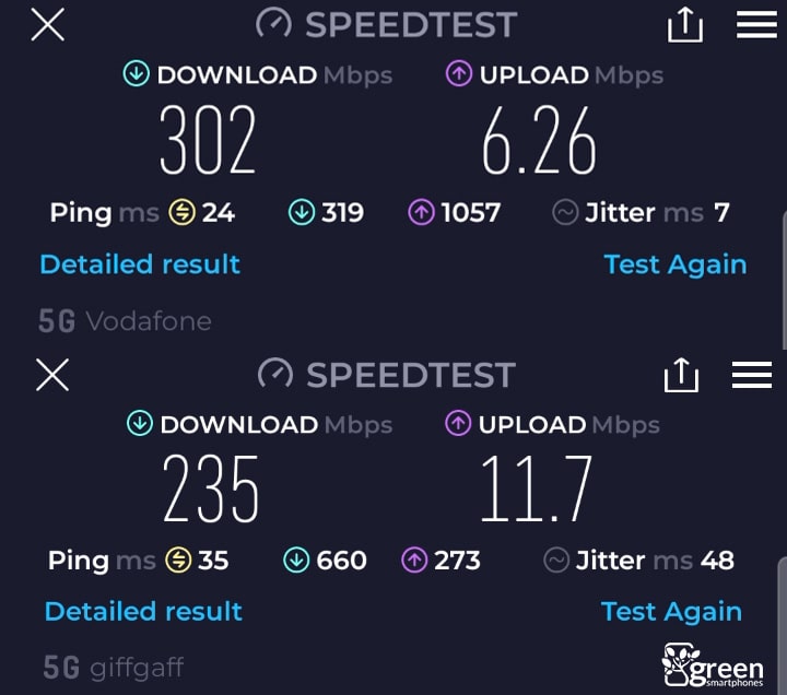 VOXI vs giffgaff 5G speed test.
